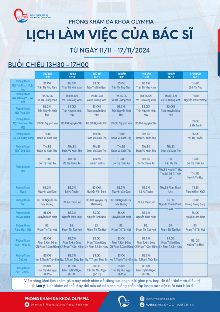 2 lịch làm việc bác sĩ - khám tuần - phòng khám đa khoa olympia