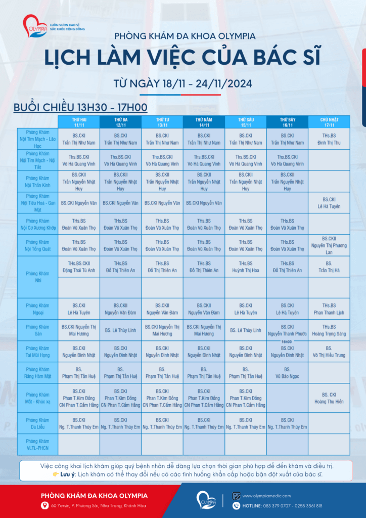 2 - lịch làm việc bác sĩ phòng khám đa khoa olympia