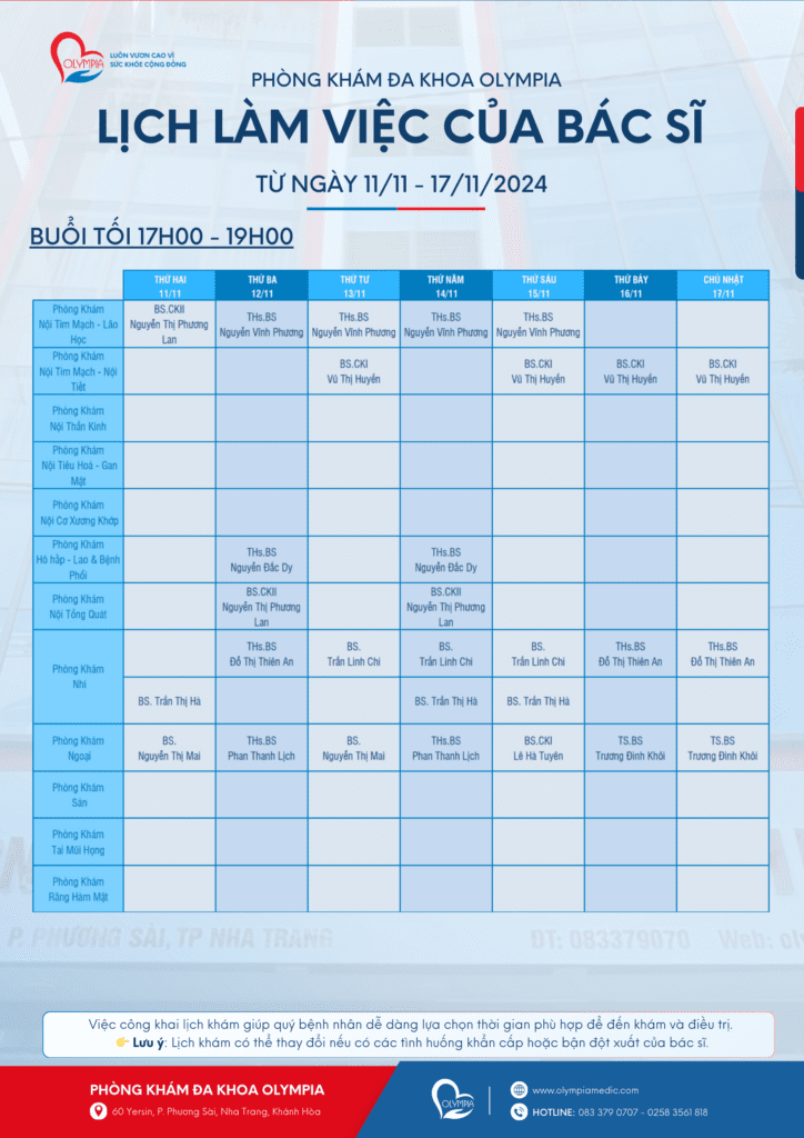 3 lịch làm việc bác sĩ - khám tuần - phòng khám đa khoa olympia