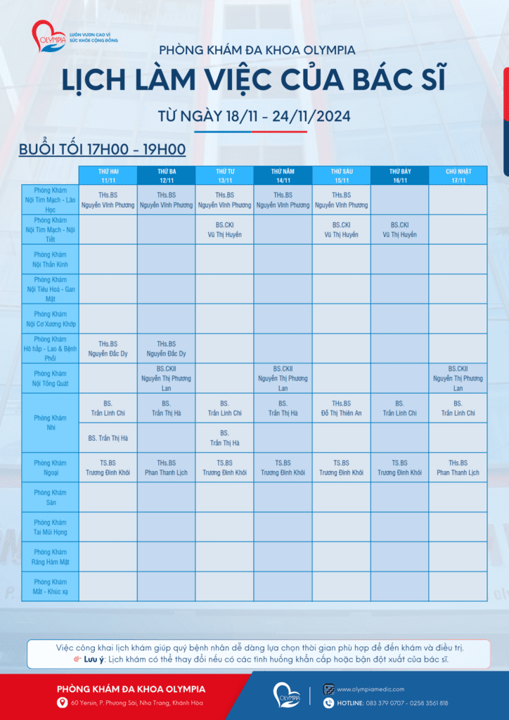 3 - lịch làm việc bác sĩ phòng khám đa khoa olympia
