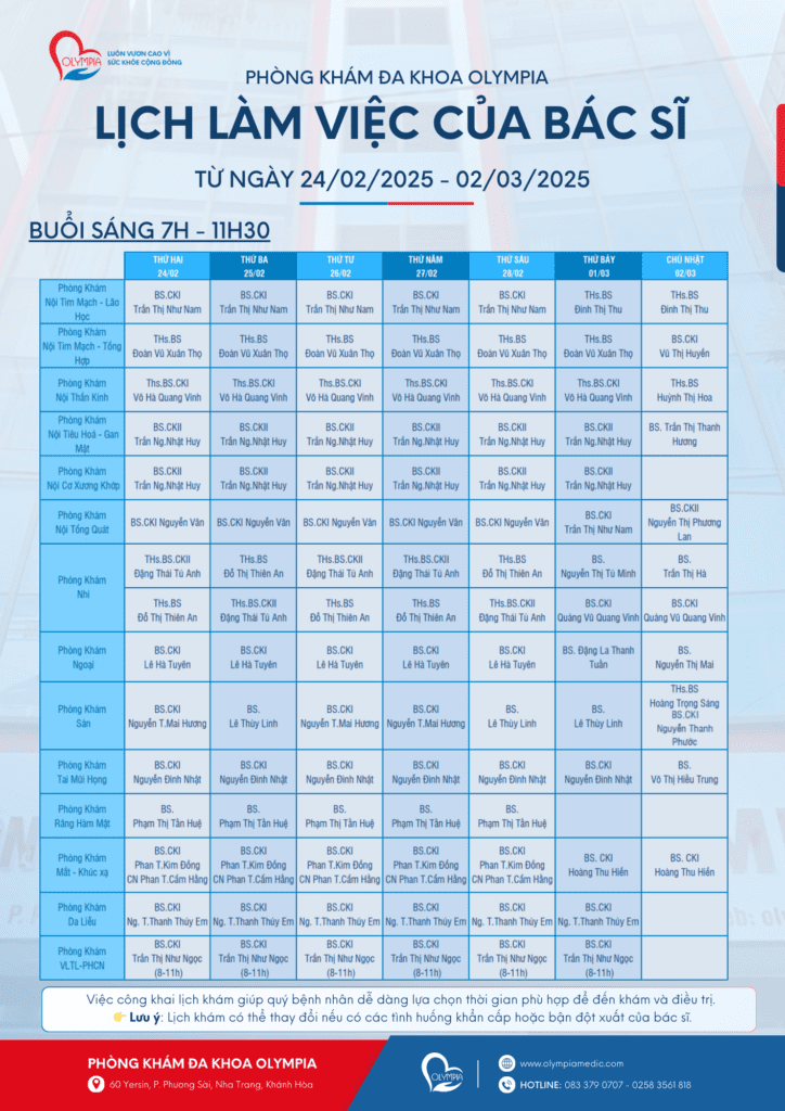 1 lịch làm việc bác sĩ phòng khám đa khoa olympia - tuần 09 - 2025