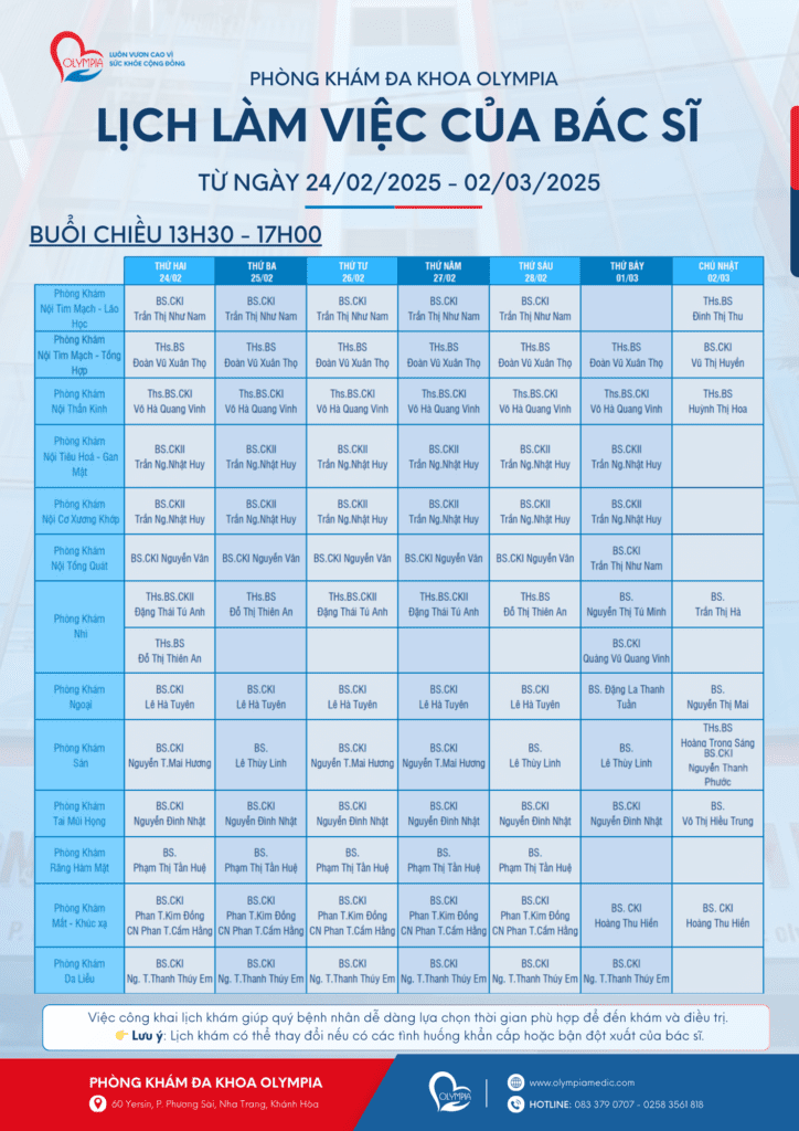 2 lịch làm việc bác sĩ phòng khám đa khoa olympia - tuần 09 - 2025