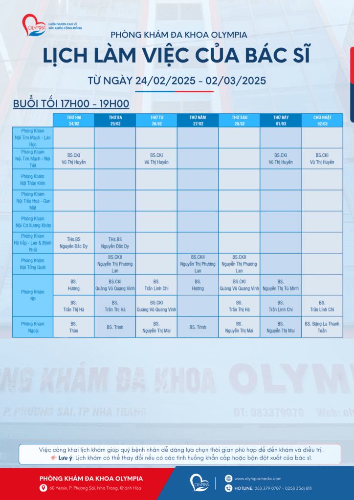 3 lịch làm việc bác sĩ phòng khám đa khoa olympia - tuần 09 - 2025