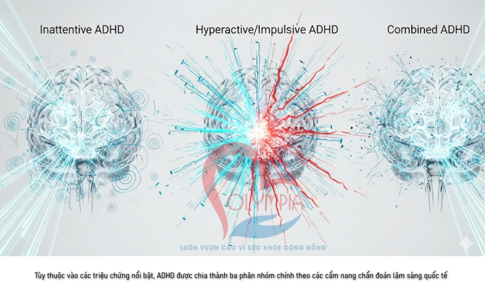 Tùy thuộc vào các triệu chứng nổi bật, ADHD được chia thành ba phân nhóm chính theo các cẩm nang chẩn đoán lâm sàng quốc tế