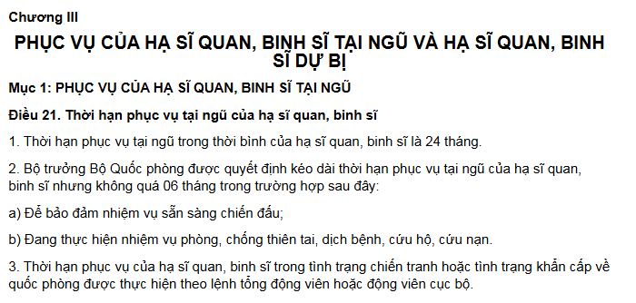 Thời hạn phục vụ tại ngũ trong thời bình: 24 tháng