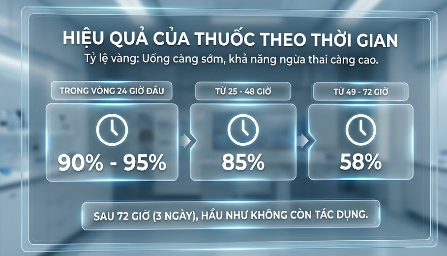 "Tỷ lệ vàng" của thuốc tránh thai khẩn cấp 72h phụ thuộc hoàn toàn vào thời điểm bạn uống thuốc.