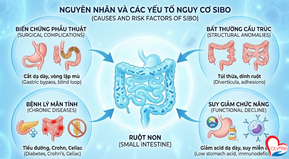 Sự khởi phát của SIBO thường không đơn lẻ mà là hệ quả của các vấn đề bệnh lý nền tảng