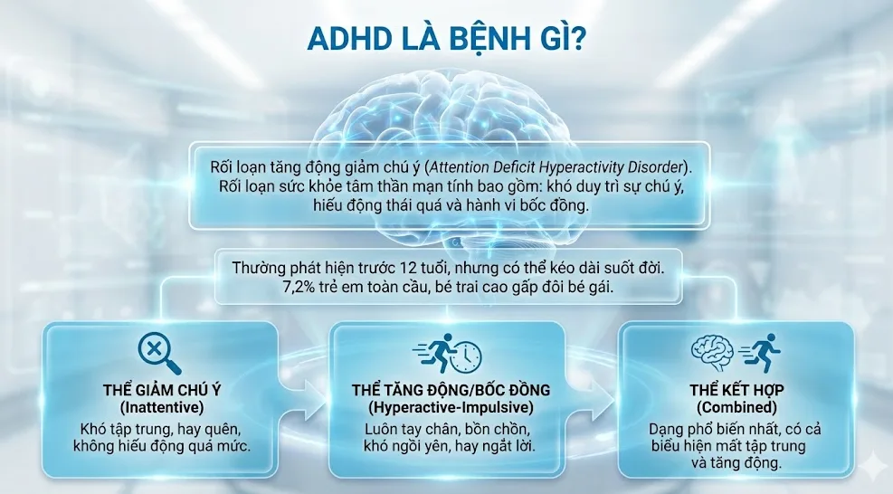 Hình ảnh minh họa khái niệm ADHD là rối loạn tăng động giảm chú ý ảnh hưởng đến não bộ và hành vi