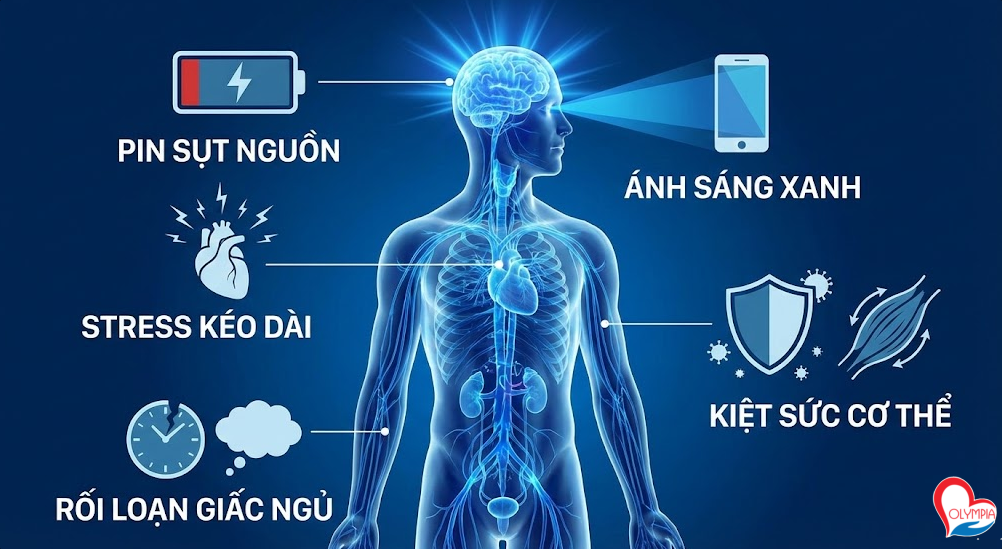 Khi bạn làm việc xuyên đêm và phơi nhiễm ánh sáng xanh liên tục từ màn hình, đồng hồ sinh học (circadian rhythm) bị lệch pha. Ánh sáng xanh ức chế melatonin — hormone chịu trách nhiệm “ra hiệu” cho não rằng đã đến giờ ngủ. Trong khi đó, cortisol — hormone stress — lại duy trì ở mức cao bất thường.