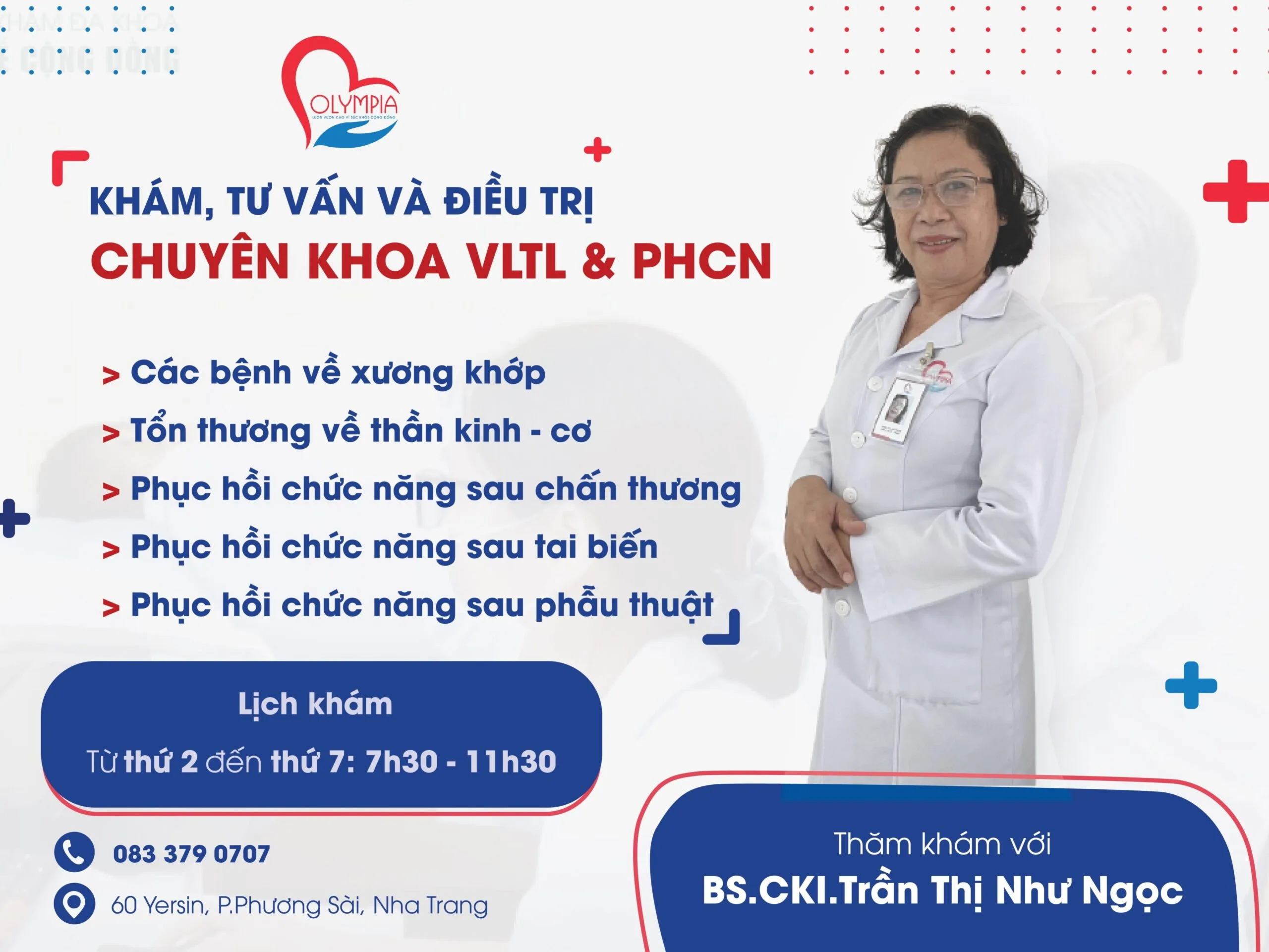 Khám, tư vấn và điều trị chuyên khoa Vật lý trị liệu và Phục hồi chức năng cùng BS.CKI Trần Thị Như Ngọc tại Olympia Nha Trang