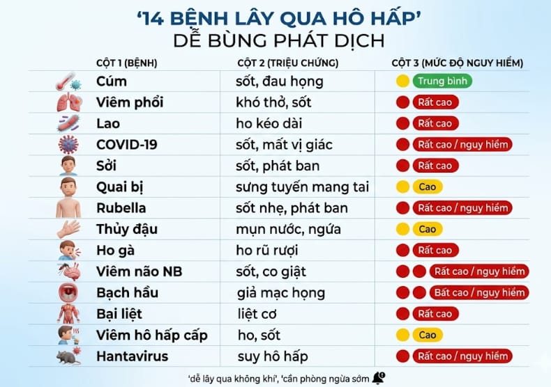 14 bệnh truyền nhiễm lây qua đường hô hấp