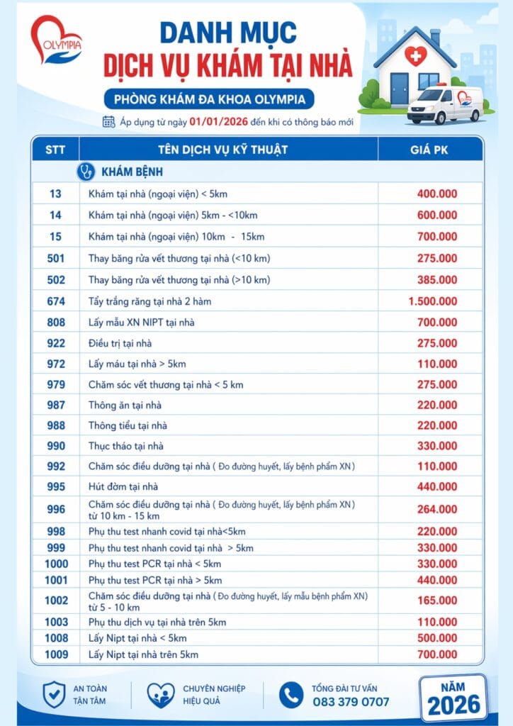 danh mục dịch vụ khám tại nhà 2026 của olympia - Bảng giá gói khám Olympia