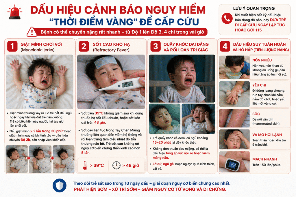 dấu hiệu cảnh báo nguy hiểm - thời điểm vàng để cấp cứu tay chân miệng