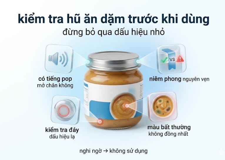 kiểm tra hũ ăn dặm trước khi dùng