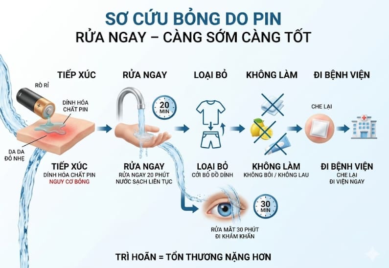 sơ cứu bỏng do pin - rửa ngay - càng sớm càng tốt