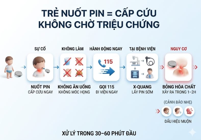 trẻ nuốt pin = cấp cứu - không chờ triệu chứng