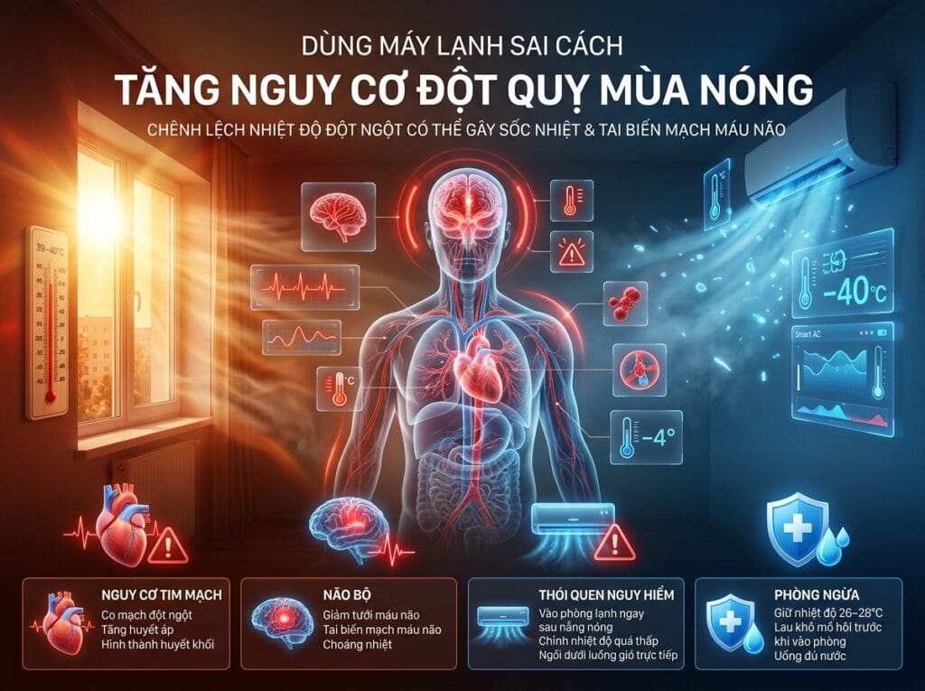 dùng máy lạnh sai cách - tăng nguy cơ đột quỵ mùa nóng