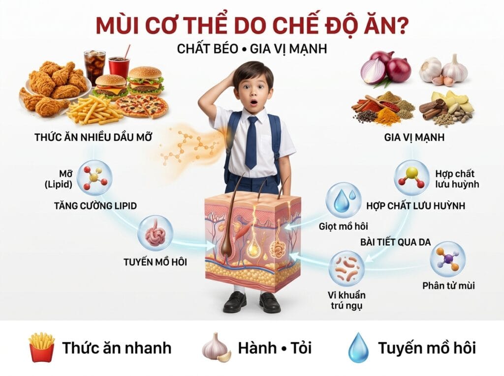 mùi cơ thể do chế độ ăn