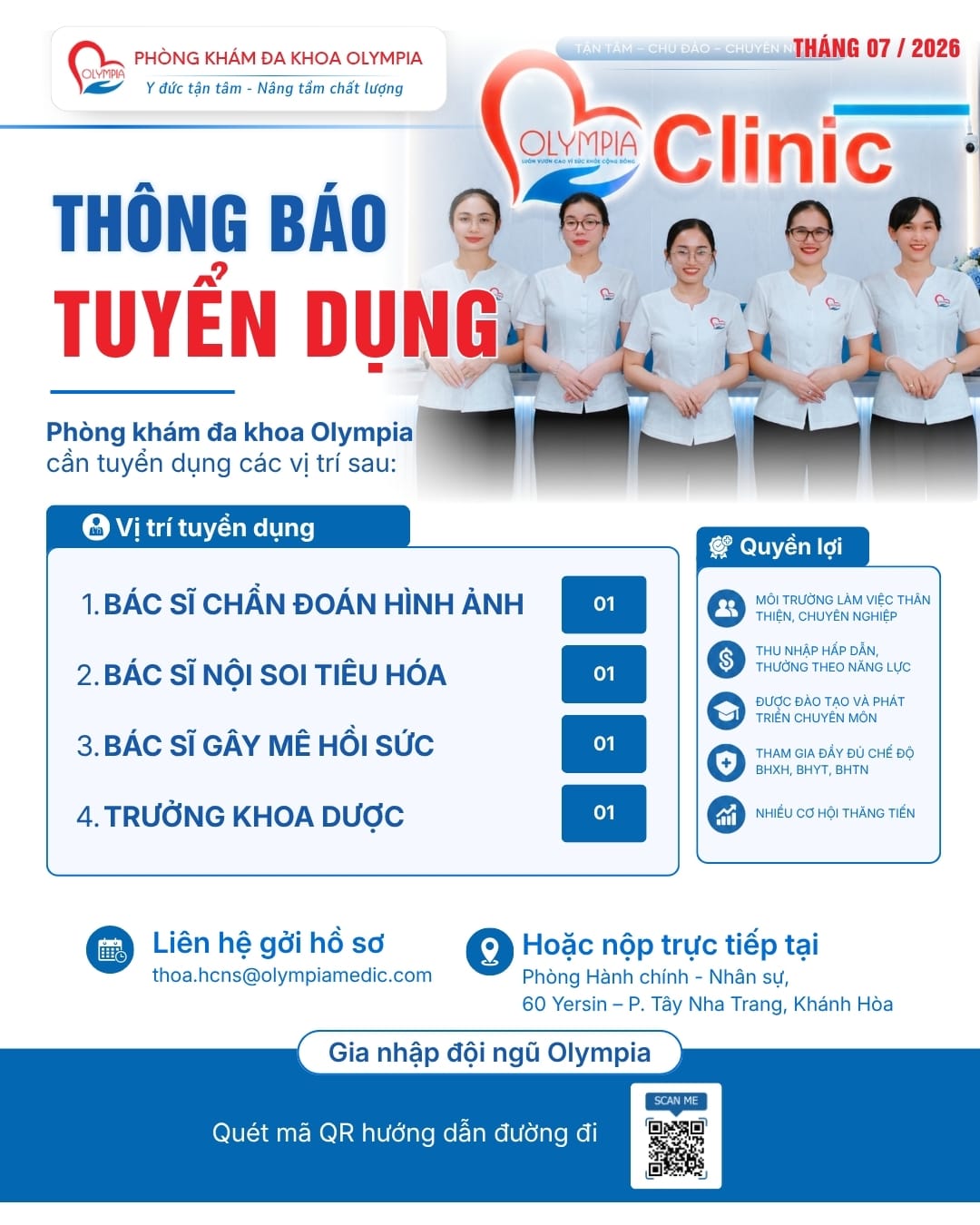 thông báo tuyển dụng -bác sĩ chẩn đoán hình ảnh - bác sĩ nội soi tiêu hóa - gây mê hồi sức - trưởng khoa dược - tháng 7 - olympia nha trang