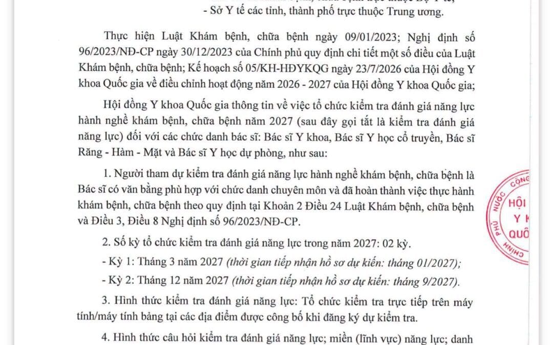HƯỚNG DẪN CHUẨN BỊ KỲ KIỂM TRA ĐÁNH GIÁ NĂNG LỰC HÀNH NGHỀ KHÁM BỆNH, CHỮA BỆNH 2027