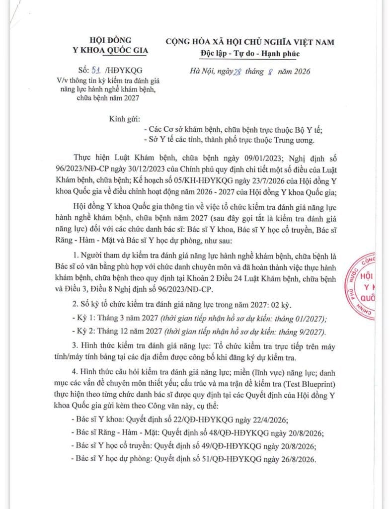 KỲ KIỂM TRA ĐÁNH GIÁ NĂNG LỰC HÀNH NGHỀ KHÁM BỆNH, CHỮA BỆNH 2027