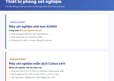 Máy xét nghiệm sinh hóa AU480 công suất 800 xét nghiệm mỗi giờ và máy xét nghiệm miễn dịch Cobas e411 tại Olympia Nha Trang
