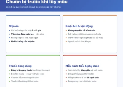 Bốn điều cần chuẩn bị trước khi lấy mẫu xét nghiệm gồm nhịn ăn, rượu bia, thuốc đang dùng và mẫu nước tiểu