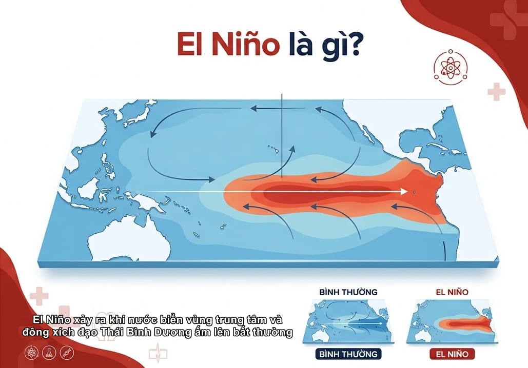 Sơ đồ hiện tượng El Niño: vùng nước ấm dịch chuyển ở Thái Bình Dương khác với điều kiện bình thường và La Niña