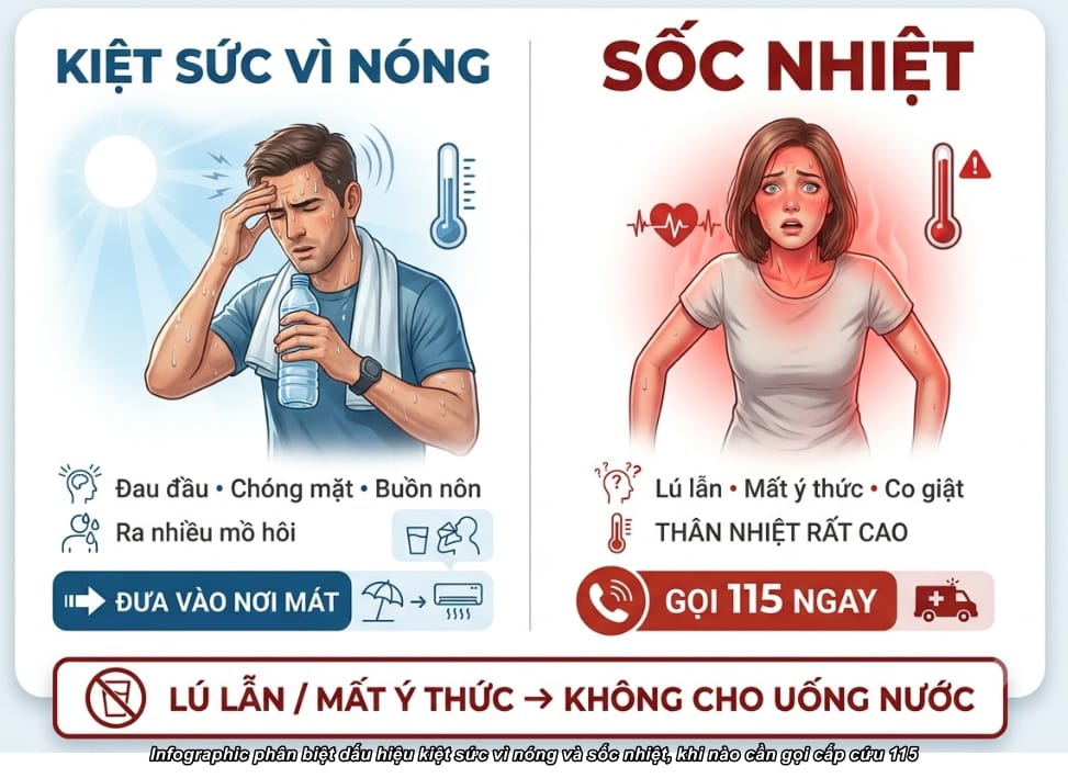 Infographic phân biệt dấu hiệu kiệt sức vì nóng và sốc nhiệt, khi nào cần gọi cấp cứu 115