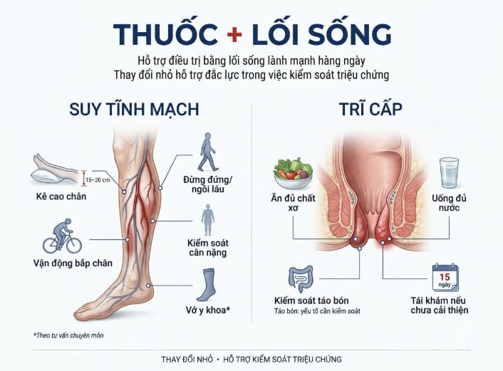 Các biện pháp hỗ trợ không dùng thuốc: kê cao chân, vớ y khoa, chế độ ăn nhiều chất xơ