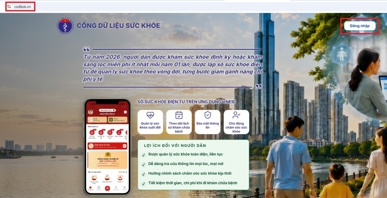 Trang chủ Cổng dữ liệu sức khỏe csdlksk.vn với nút Đăng nhập ở góc phải
