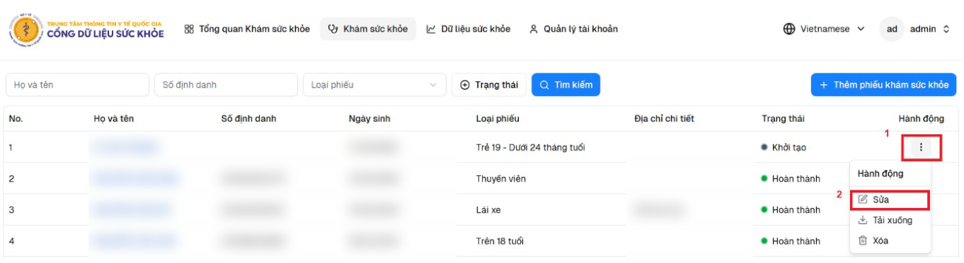 Sửa phiếu khám sức khỏe bằng nút Hành động và chọn Sửa trên csdlksk.vn