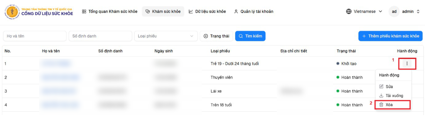 Xóa phiếu khám sức khỏe bằng nút Hành động và chọn Xóa trên csdlksk.vn