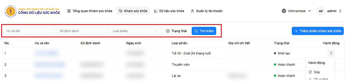 Thanh tìm kiếm phiếu khám theo họ tên, số định danh, loại phiếu, trạng thái