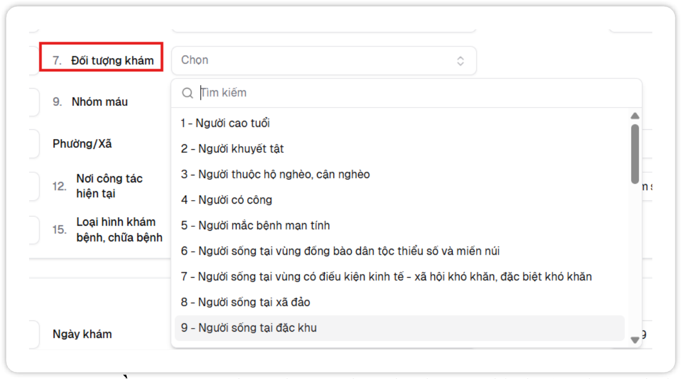 Danh mục Đối tượng khám trên Cổng dữ liệu sức khỏe: người cao tuổi, người khuyết tật, hộ nghèo