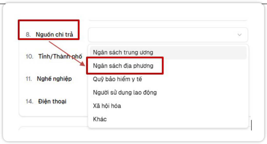 Danh mục Nguồn chi trả trên Cổng dữ liệu sức khỏe: ngân sách trung ương, ngân sách địa phương, quỹ BHYT, người sử dụng lao động