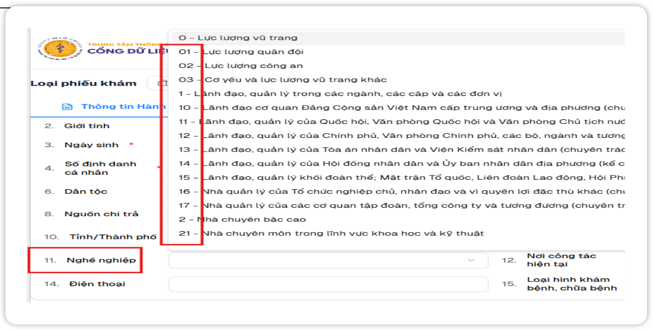 Danh mục nghề nghiệp khi nhập phiếu khám sức khỏe trên csdlksk.vn