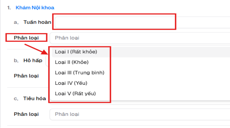 Ô phân loại sức khỏe Loại I rất khỏe đến Loại V rất yếu trong phần khám nội khoa
