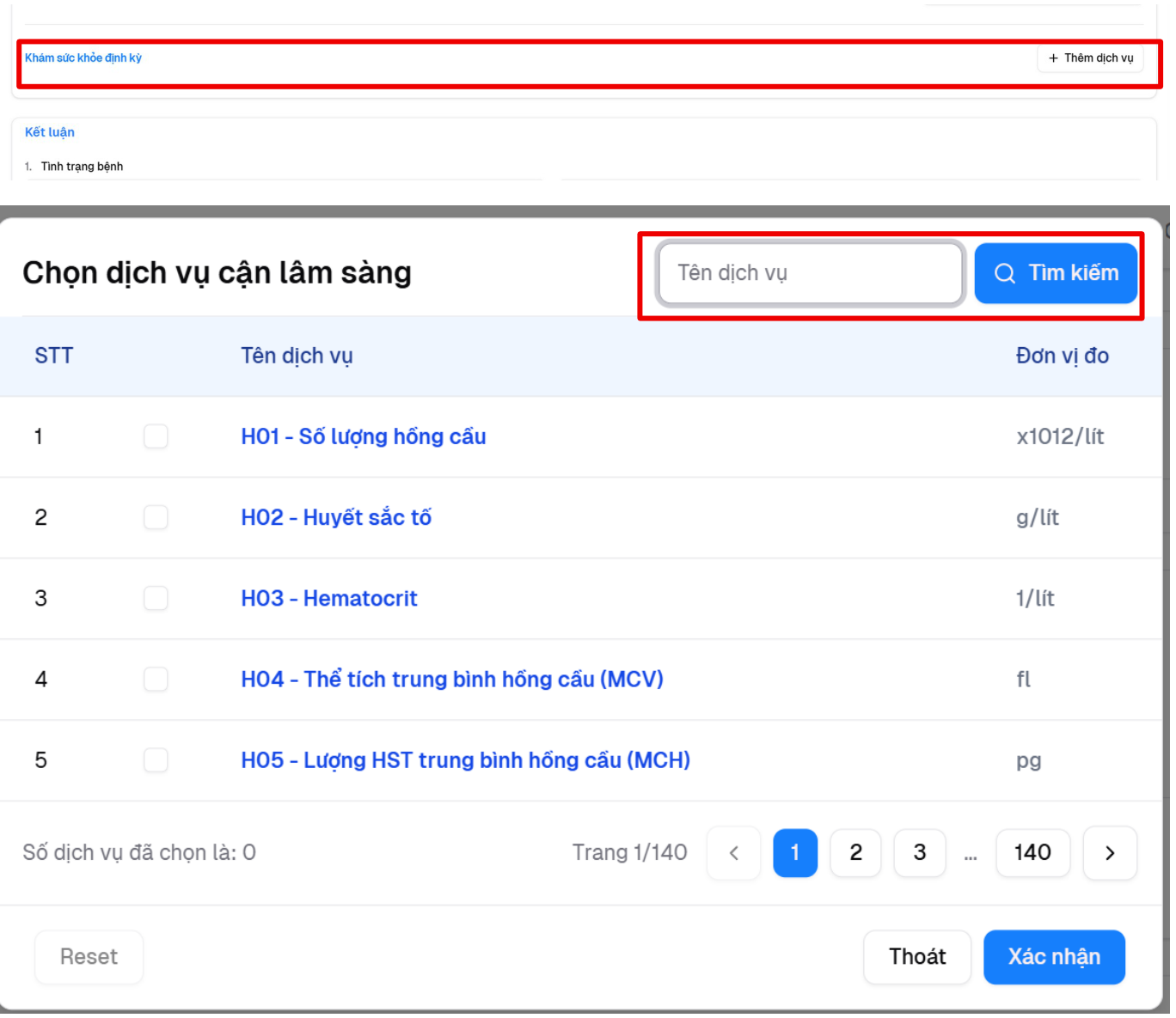 Nút Thêm dịch vụ và bảng Chọn dịch vụ cận lâm sàng trên Cổng dữ liệu sức khỏe
