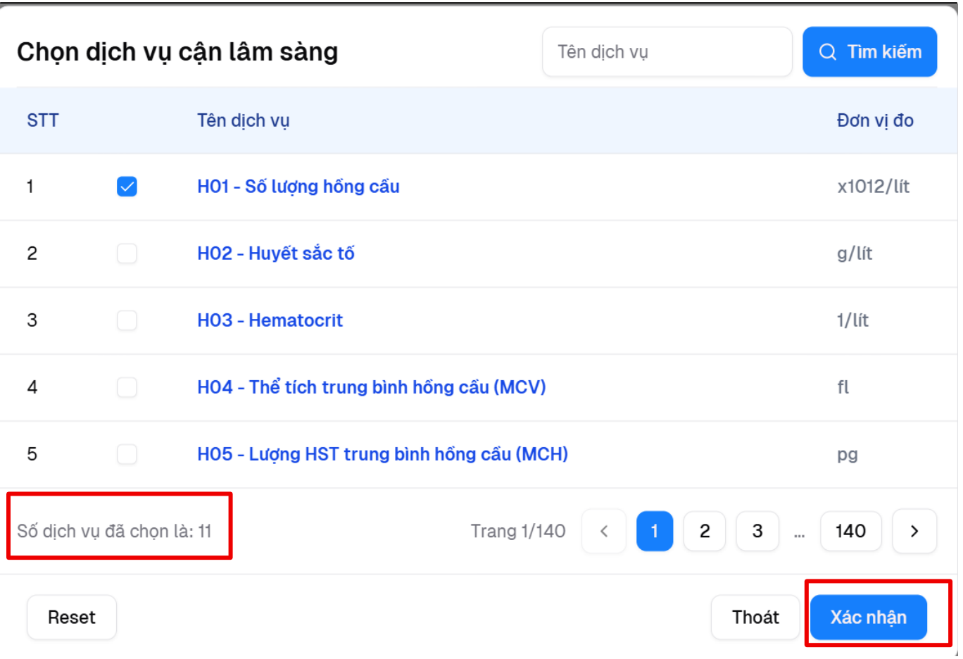 Đã chọn 11 dịch vụ cận lâm sàng và bấm Xác nhận