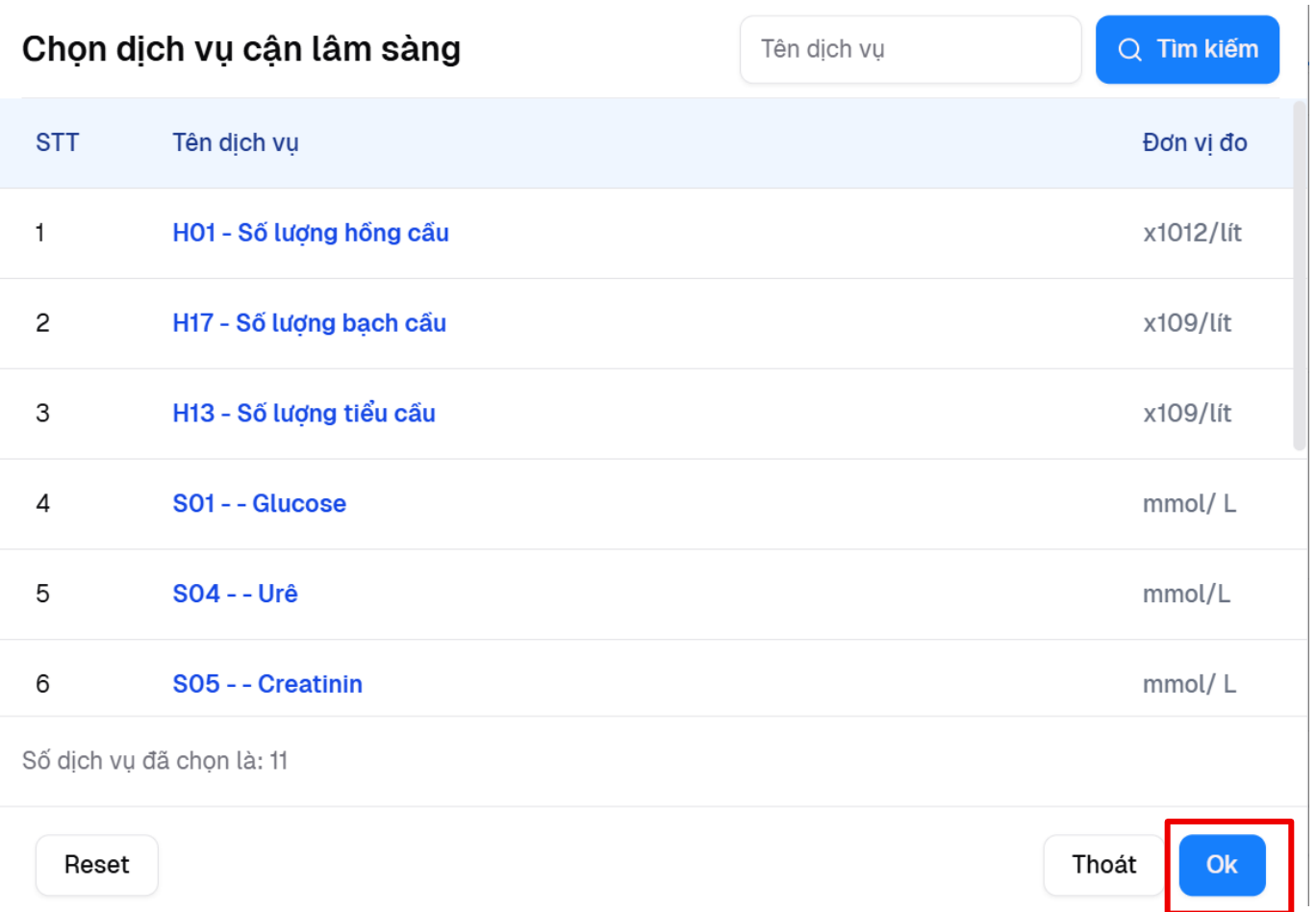 Bảng tổng hợp dịch vụ cận lâm sàng đã chọn và nút Ok để hoàn tất