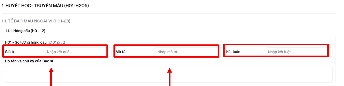 Ba ô Giá trị, Mô tả, Kết luận khi nhập kết quả xét nghiệm trên Cổng dữ liệu sức khỏe