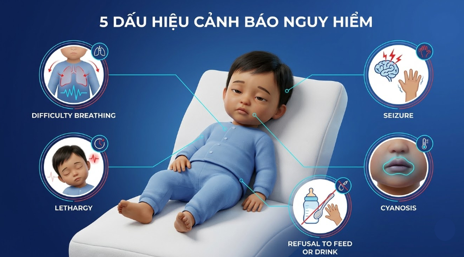 Dấu hiệu cần đưa trẻ đi khám ngay khi nghi cúm: khó thở, lừ đừ, co giật, tím tái, bỏ bú bỏ uống