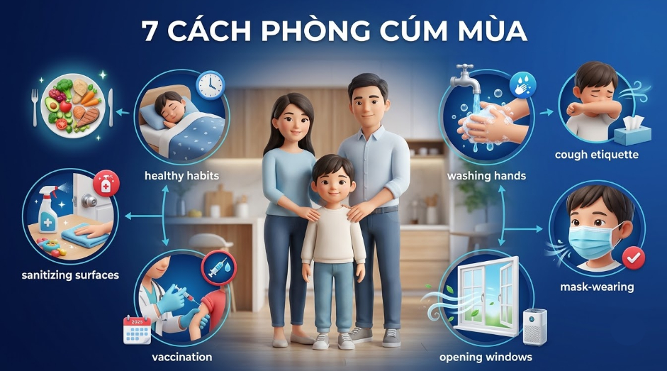 7 cách chủ động phòng cúm mùa tại nhà cho trẻ em: rửa tay, che miệng khi ho, đeo khẩu trang, giữ thông thoáng, tiêm vắc-xin cúm