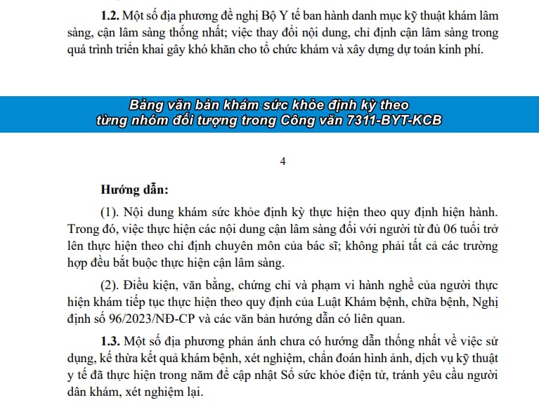 Bảng văn bản khám sức khỏe định kỳ theo từng nhóm đối tượng trong Công văn 7311/BYT-KCB