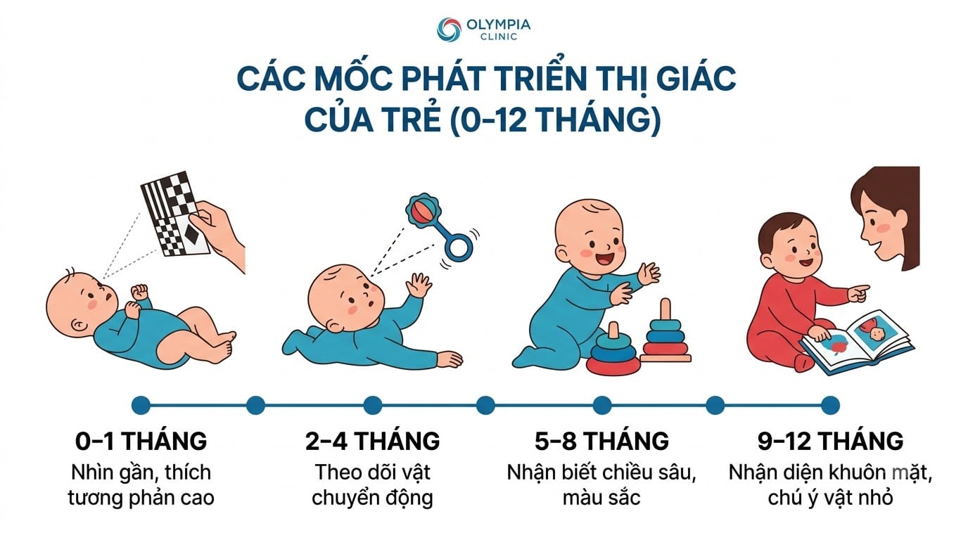 Các mốc phát triển thị giác của trẻ từ sơ sinh đến 12 tháng tuổi