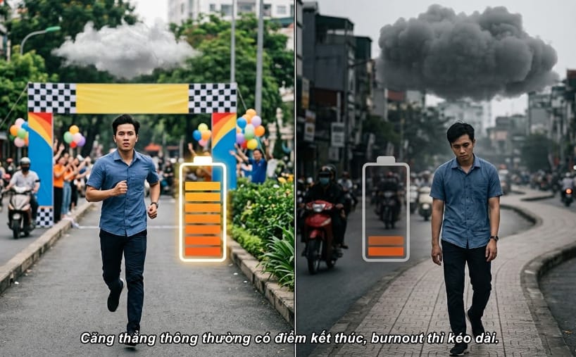 Sơ đồ so sánh căng thẳng thông thường và hội chứng burnout kiệt sức nghề nghiệp