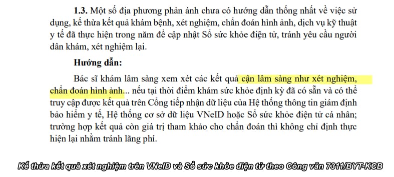 Kế thừa kết quả xét nghiệm trên VNeID và Sổ sức khỏe điện tử theo Công văn 7311/BYT-KCB