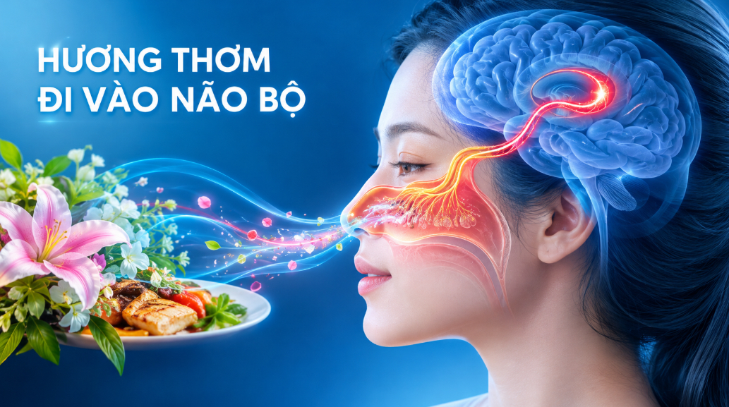 Minh họa khứu giác: mùi hương từ hoa và thức ăn đi vào mũi, tín hiệu truyền lên não bộ