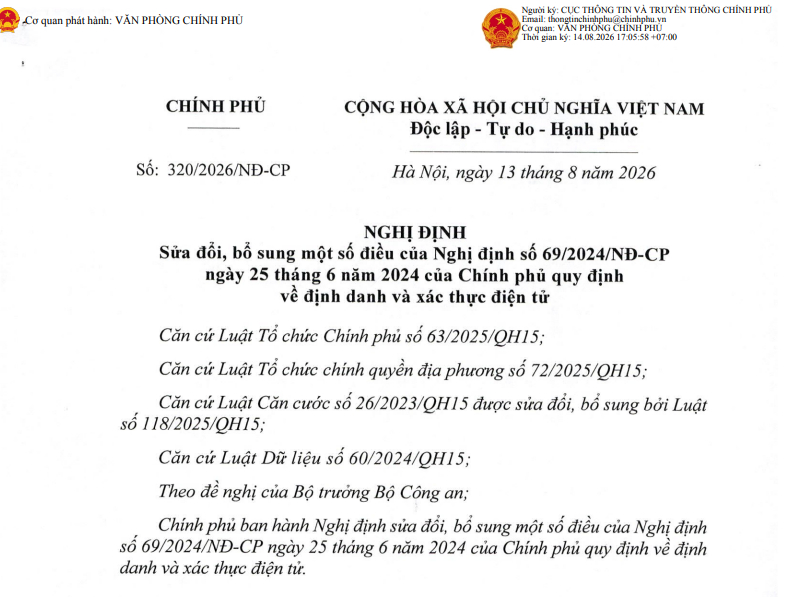 Nghị định 320-2026-NĐ-CP sửa đổi Nghị định 69-2024-NĐ-CP về định danh và xác thực điện tử